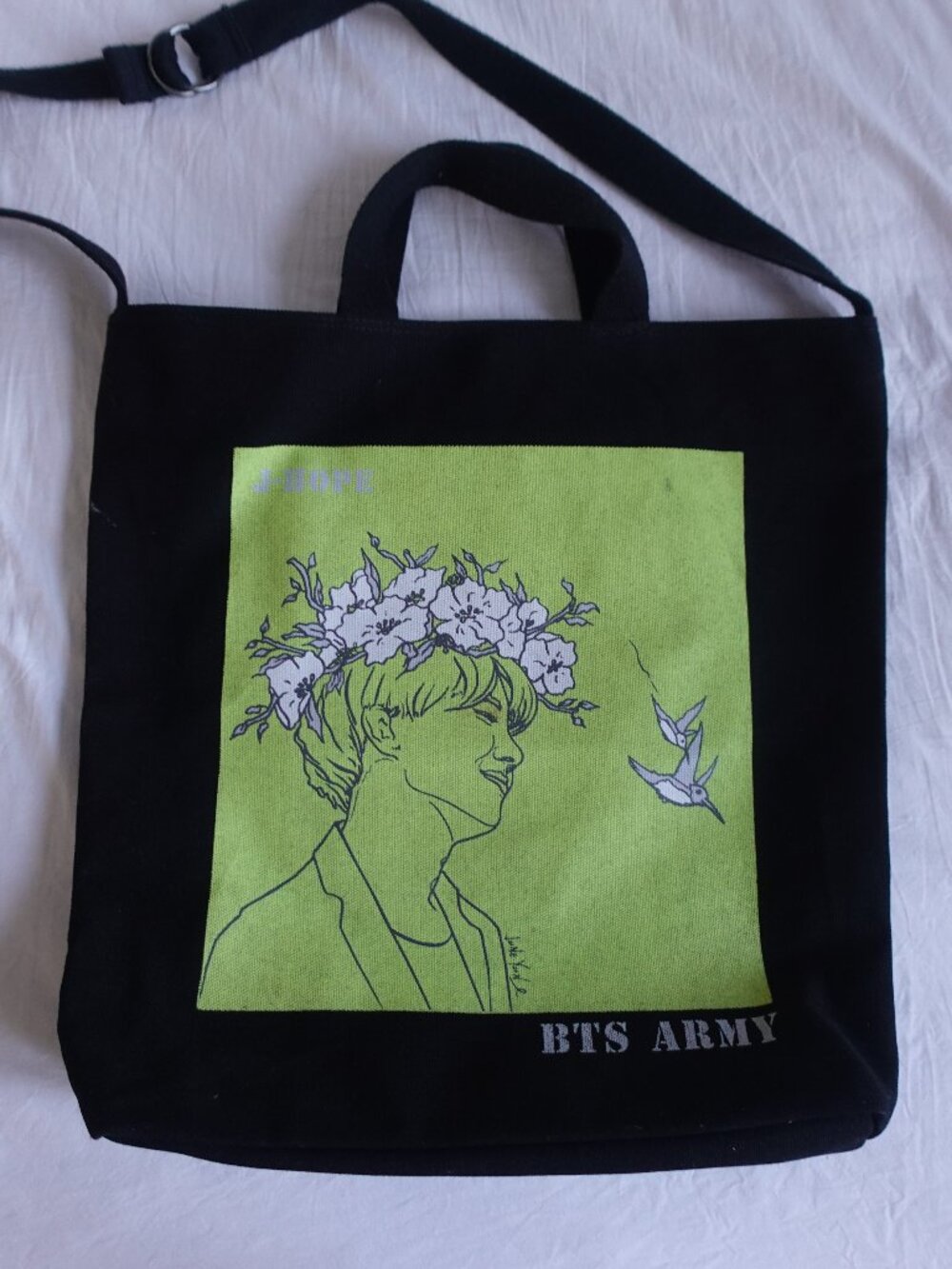 BTS j-hope Custom Tote Bag, made of 100% cotton, handcrafted by a Korean artist,